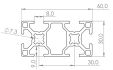 Technische tekening Aluminium Constructieprofiel 3060 30x60mm 8mm T-Sleuf Zwart maatvoering
